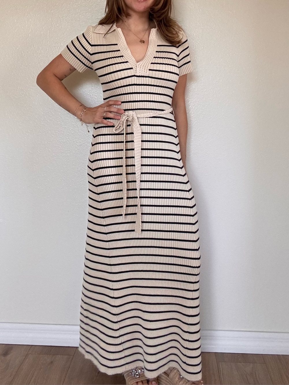 Rachel Zoe Cream and navy  Striped Polo Maxi Dress with Tie Waist